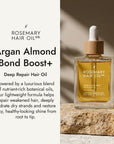 Rosemary hair oil bottle with dropper on a stone surface with natural light. Rosemary hair oil, argan, almond, bond, boost, hair growth, coconut oil, healthier, fuller-looking hair, stimulate, regrowth, hair thinning, natural, 100ml,