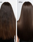 Before and after comparison of hair treatment on a person with long, straight hair. Luxury hair repair oil formulated with argan, almond and marula oils for intense nourishment