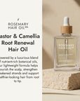 Rosemary Hair Oil Co. bottle on a stone platform with a neutral background. Rosemary hair oil, castor oil, camellia oil, apricot oil, hair growth, healthier, fuller-looking hair, stimulate, regrowth, hair thinning, natural, 100ml