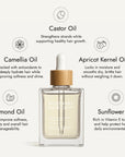 Rosemary Hair Oil Co. bottle on a stone platform with a neutral background. Rosemary hair oil, castor oil, camellia oil, apricot oil, hair growth, healthier, fuller-looking hair, stimulate, regrowth, hair thinning, natural, 100ml, ingredients