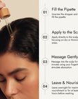 Rosemary Hair Oil Co. bottle on a stone platform with a neutral background. Rosemary hair oil, castor oil, camellia oil, apricot oil, hair growth, healthier, fuller-looking hair, stimulate, regrowth, hair thinning, natural, 100ml, how to use