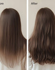Before and after comparison of hair styling on a plain background, Gentle sulfate-free shampoo with honey and keratin for healthier, shinier hair