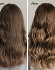 Before and after comparison of wavy hair with a neutral background. Hair Rosé Hydrating Parfum Mist. Lightweight nourishing hair mist with rose and honey for daily hydration and shine