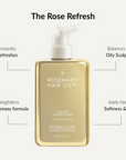 Gold bottle of Rosemary Hair Oil Co. with text highlighting features on a white background, Hair Rosé Hydrating Parfum Mist