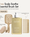 Gold bottle of Rosemary Hair Oil Co. hair product, Pro-keratin growth conditioner with honey to smooth, strengthen and soften hair, free brush set, subscription, offer, free, flat comb, detangling brush, massager