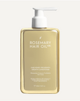 Gold bottle of Rosemary Hair Oil Co. hair product on a white background. Pro-keratin growth conditioner with honey to smooth, strengthen and soften hair