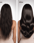 Before and after comparison of a woman's long dark hair, showing frizzy, dry hair on the left and smooth, shiny, styled hair on the right. Glossy, glass hair