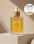 Rosemary hair oil bottle with dropper on a beige background, featuring Marie Claire Hair Awards 2026 winner badge. Rosemary hair oil, intense growth syrup, hair growth, rosemary oil, healthier, fuller-looking hair, castor oil, sunflower seed oil, stimulate, regrowth, hair thinning, natural, best hair growth oil