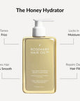 Rosemary Hair Oil Co. hair oil bottle with features listed on a white background. Hair Honey Pro-Keratin Growth Conditioner