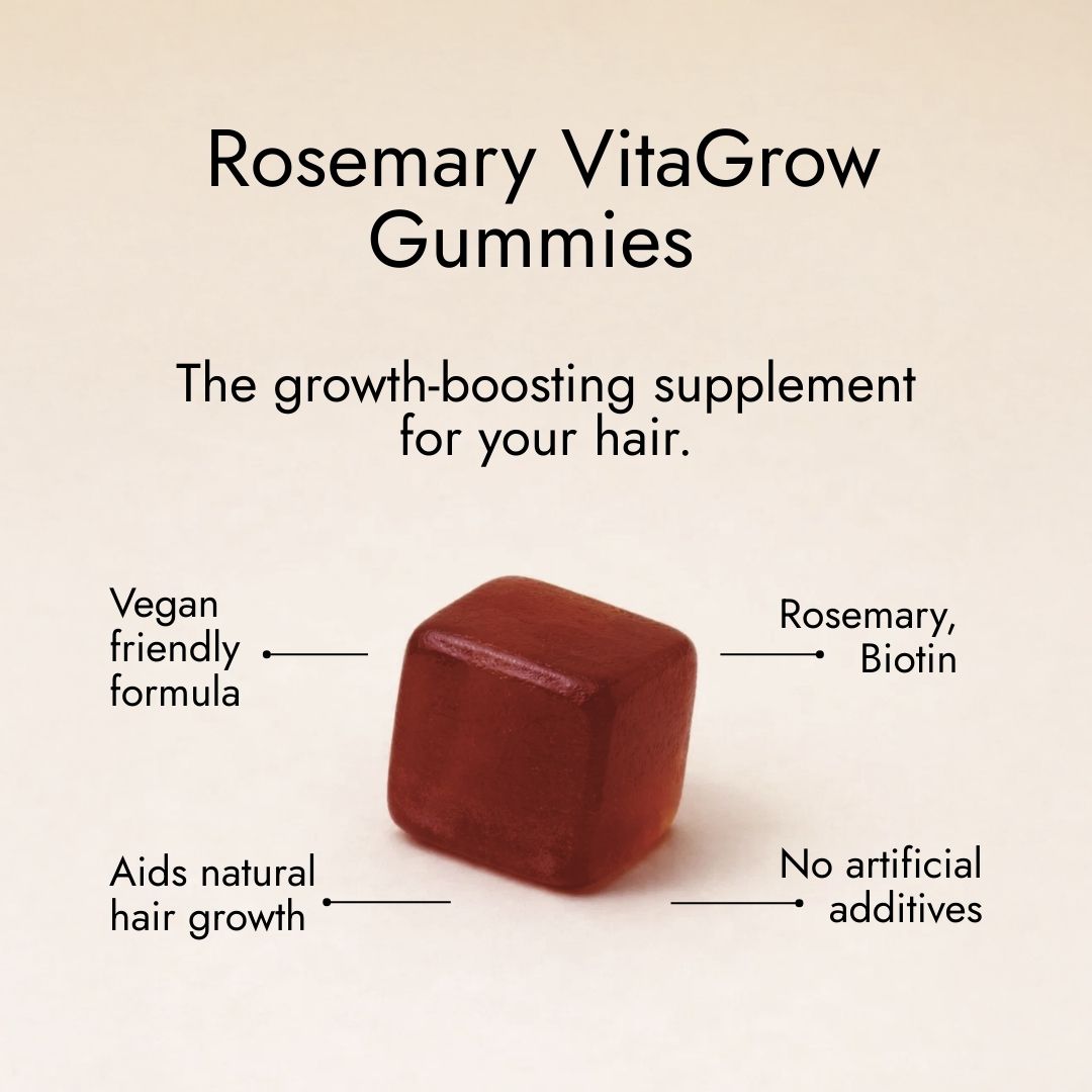 Rosemary hair oil company, vitagrow gummies, strawberry flavour, UK, hair growth, vegan, biotin, pumpkin seed extract, black seed extract