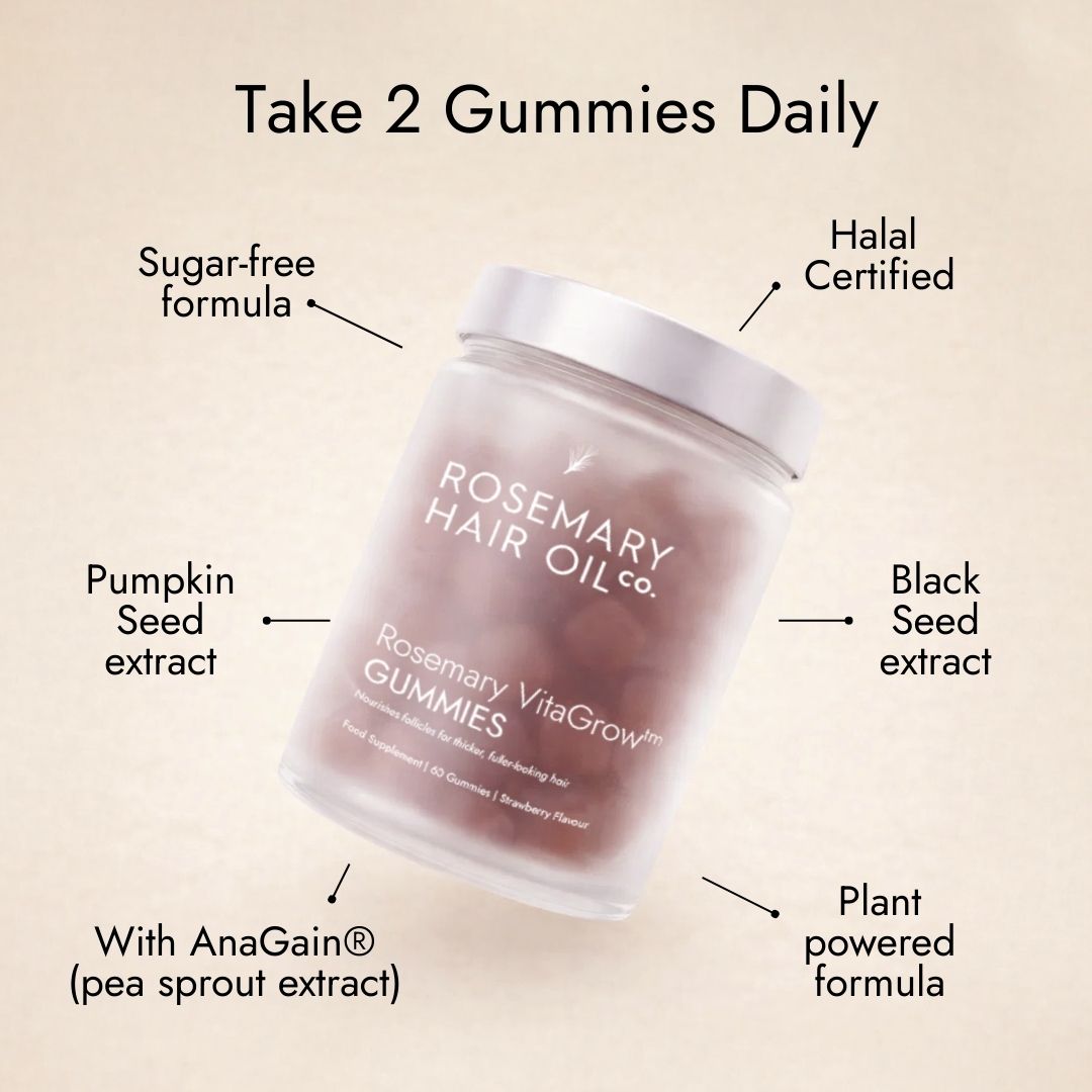 Rosemary hair oil company, vitagrow gummies, strawberry flavour, UK, hair growth, vegan, biotin, pumpkin seed extract, black seed extract, halal, AnaGain, pea sprout extract