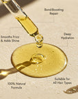 Rosemary hair oil bottle with dropper on a stone surface with natural light. Rosemary hair oil, argan, almond, bond, boost, hair growth, coconut oil, healthier, fuller-looking hair, stimulate, regrowth, hair thinning, natural, 100ml, benefits