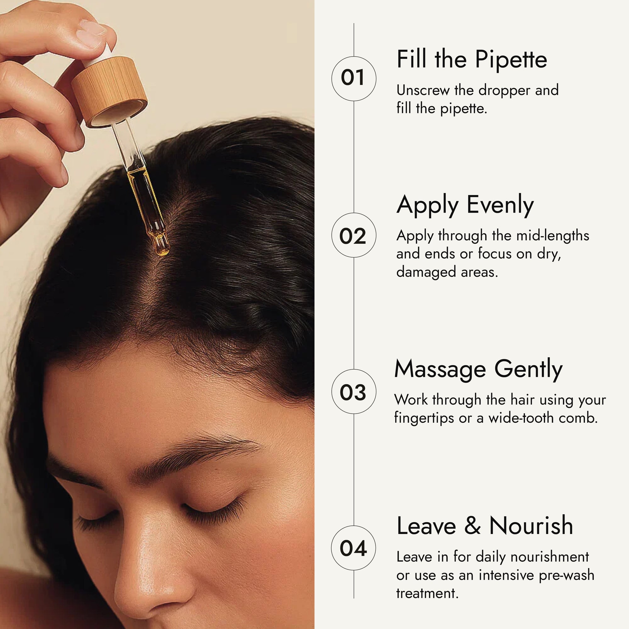 Rosemary hair oil bottle with dropper on a stone surface with natural light. Rosemary hair oil, argan, almond, bond, boost, hair growth, coconut oil, healthier, fuller-looking hair, stimulate, regrowth, hair thinning, natural, 100ml, how to use