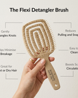 Flexi detangler brush held by a hand with text highlighting its features on a light background, Beige hairbrush with 'Rosemary Hair Oil Co.' branding on a beige background, detangle brush, tangle teaser, flexi brush