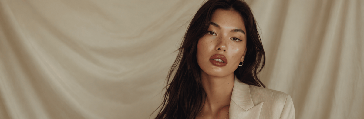 A close-up portrait of a woman with long dark hair wearing a light beige blazer, set against a draped beige fabric backdrop. Rosemary hair oil co, hair growth, FAQs, frequently asked questions