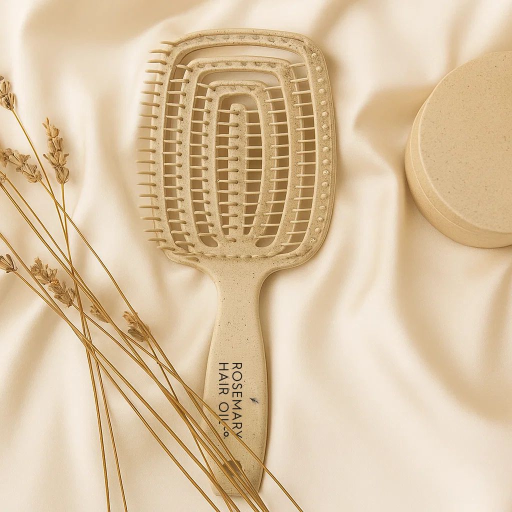 Beige paddle hairbrush with 'Rosemary Hair Oil' branding on a beige fabric background. Beige hairbrush with 'Rosemary Hair Oil Co.' branding on a beige background, detangle brush, tangle teaser, flexi brush