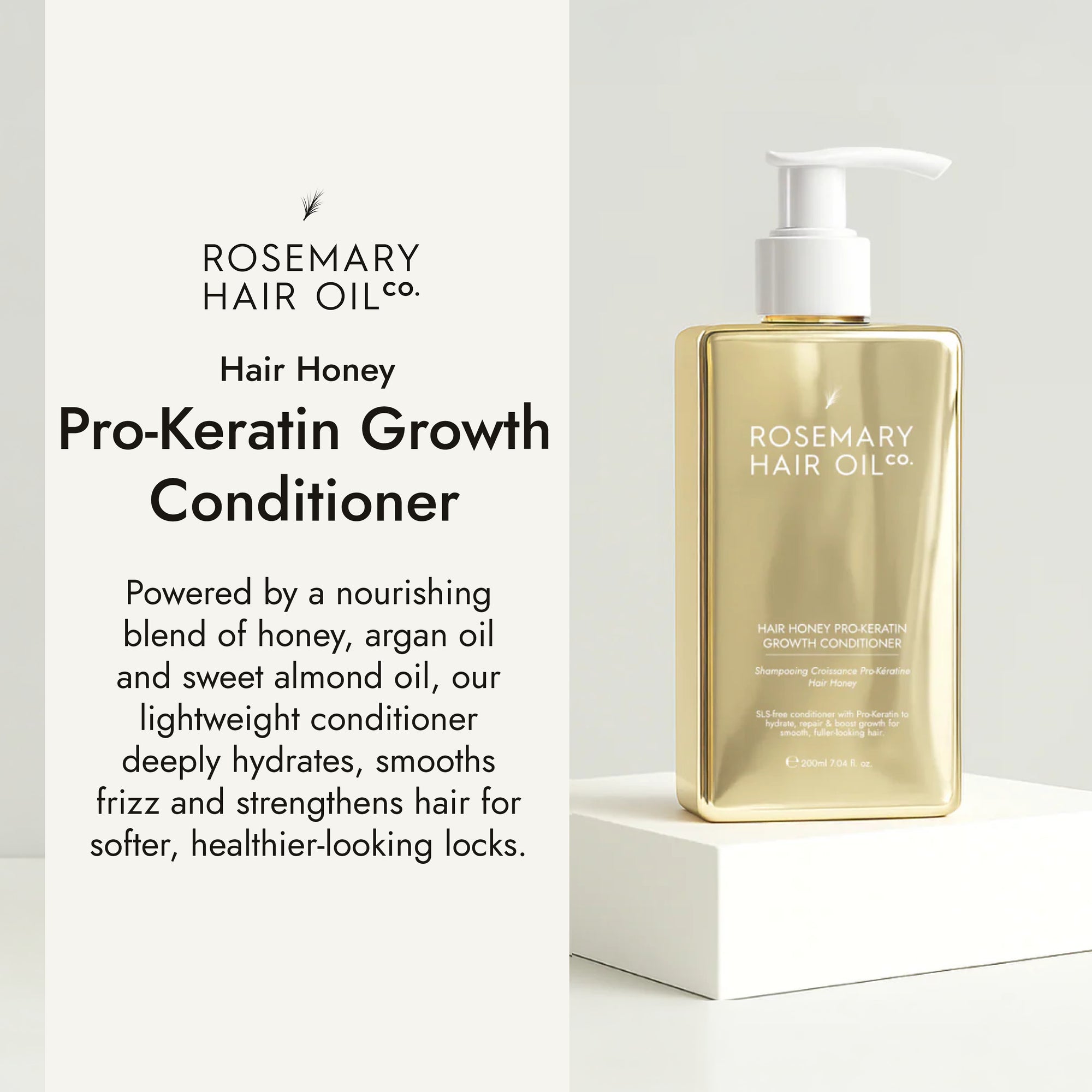 Rosemary hair oil, hair honey, pro-keratin growth, conditioner, hydrating, nourishing, honey, argan oil, sweet almond oil, vitamin E, frizz, dryness, breakage, natural, protect, healthy hair, growth, hair growth, 200ml