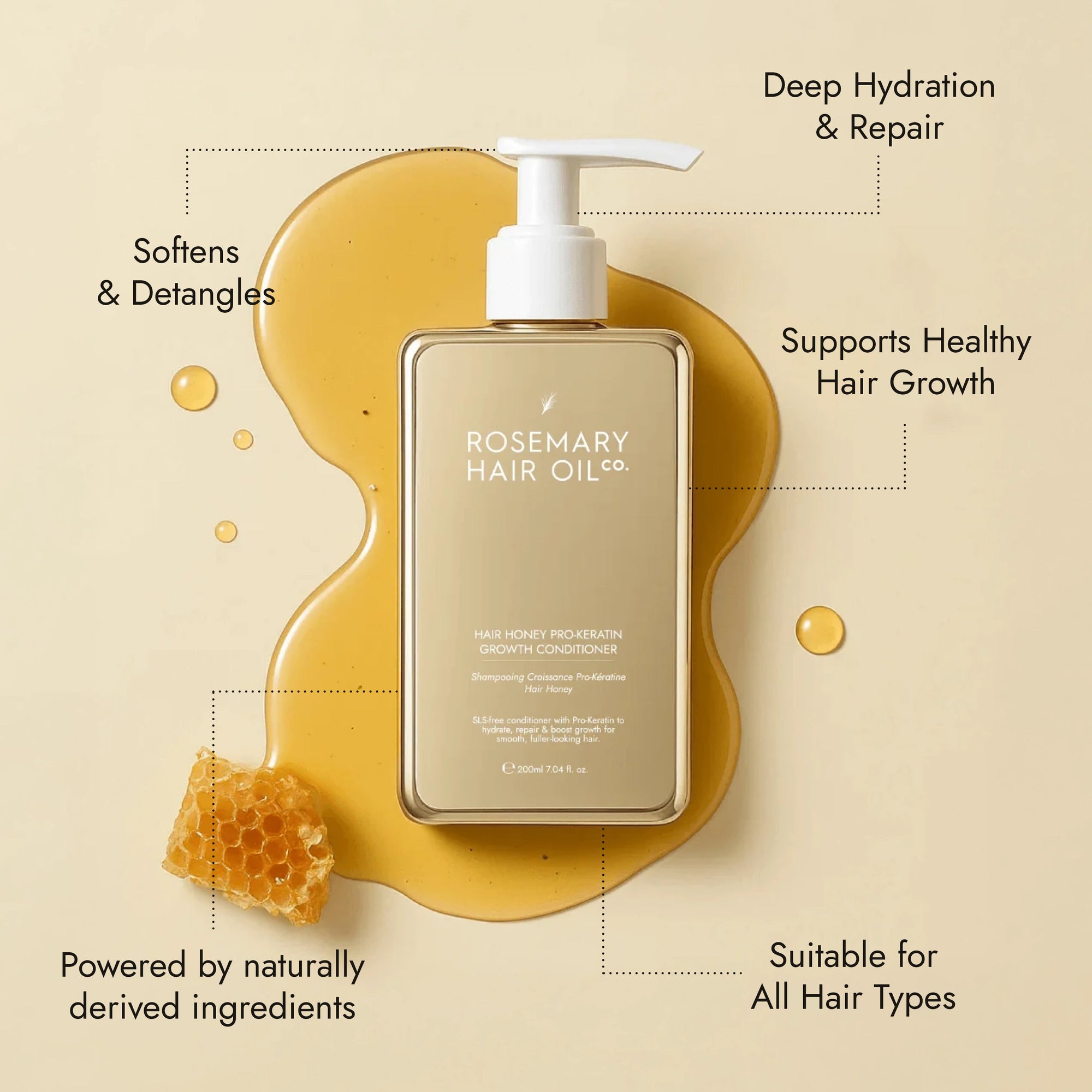 Rosemary hair oil, hair honey, pro-keratin growth, conditioner, hydrating, nourishing, honey, argan oil, sweet almond oil, vitamin E, frizz, dryness, breakage, natural, protect, healthy hair, growth, hair growth, 200ml