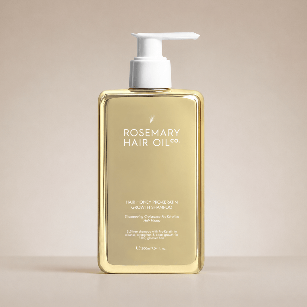 Rosemary hair oil, hair honey, pro-keratin growth, shampoo, hydrating, nourishing, honey, argan oil, sweet almond oil, vitamin E, frizz, dryness, breakage, natural, protect, healthy hair, growth, hair growth, SLS-free, 200ml