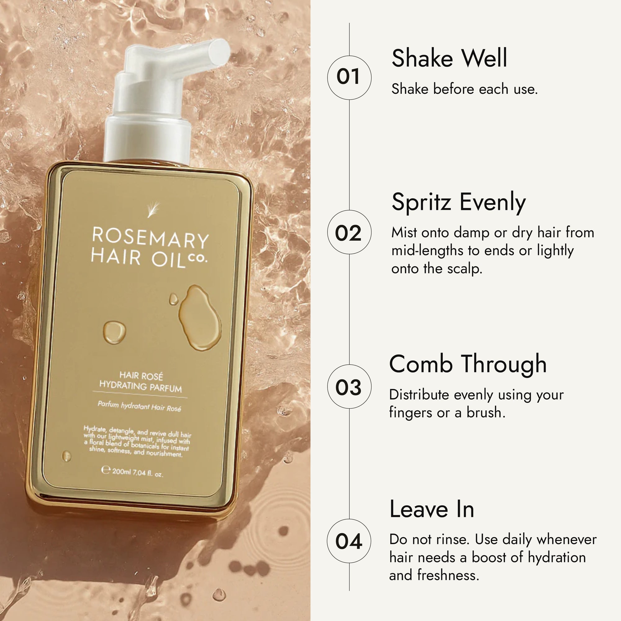 Hair Rosé Hydrating Parfum Mist. Rosemary hair oil, hair rose, hydrating parfum, fragrance, rosewater, jojoba oil, nourishing, natural, protect, healthy hair, growth, hair growth, 200ml, how to use