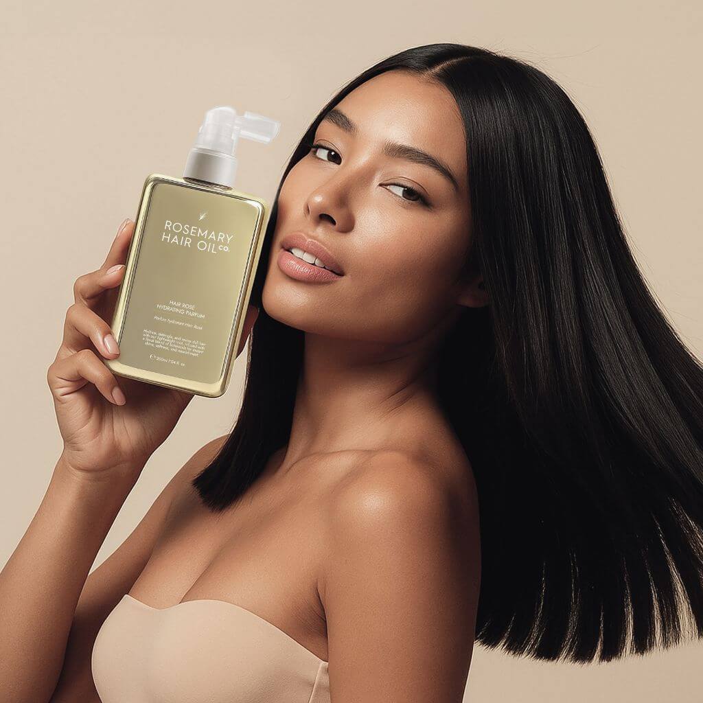 Woman holding a bottle of Rosemary Hair Oil with a beige background. Hair Rosé Hydrating Parfum Mist. Hydrating hair mist infused with rose water to refresh, soften and lightly fragrance hair