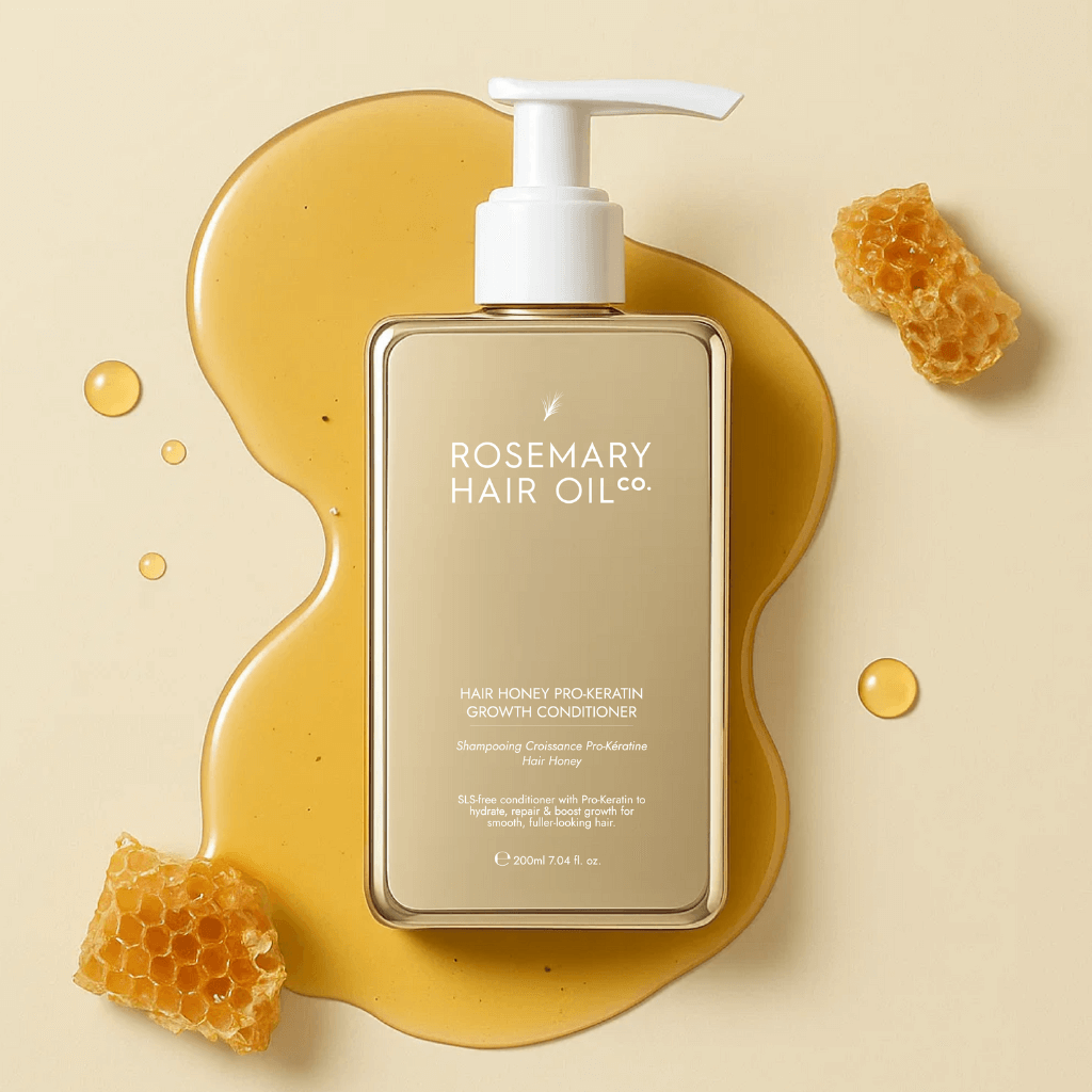 Rosemary Hair Oil Co. hair oil bottle with honeycomb and honey on a beige background. Nourishing hair conditioner designed to reduce breakage and improve manageability