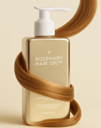 Rosemary Hair Oil Co. bottle with a pump and brown hair strands on a beige background. Hydrating honey conditioner for stronger, smoother and healthier-looking hair