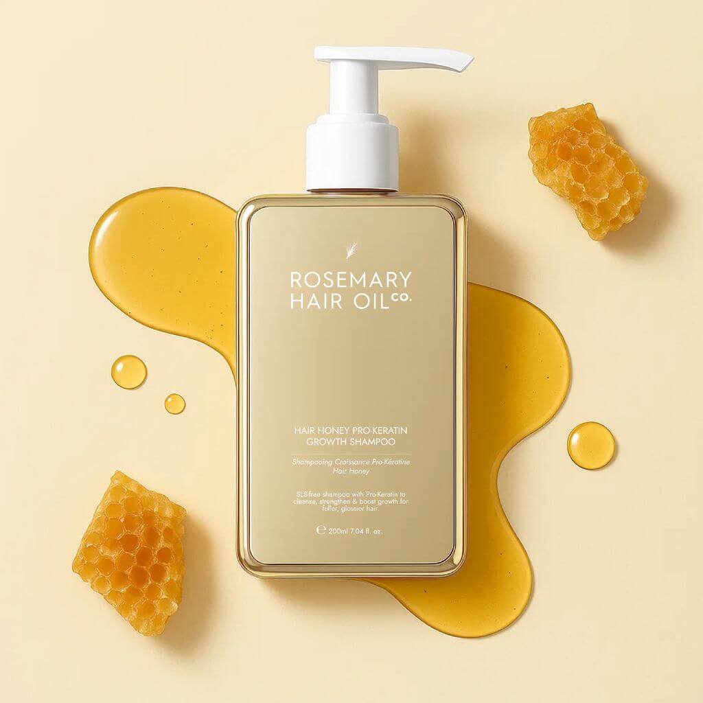 Rosemary Hair Oil Co. shampoo bottle with honeycomb and honey on a beige background. Nourishing hair growth shampoo designed to reduce breakage and support longer hair