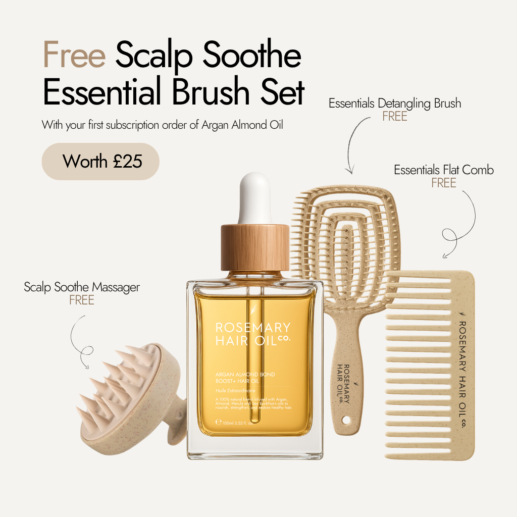 Rosemary hair oil, argan, almond, bond, boost, hair growth, coconut oil, healthier, fuller-looking hair, stimulate, regrowth, hair thinning, natural, 100ml, free brush set, subscription, offer, free, flat comb, detangling brush, scalp massager