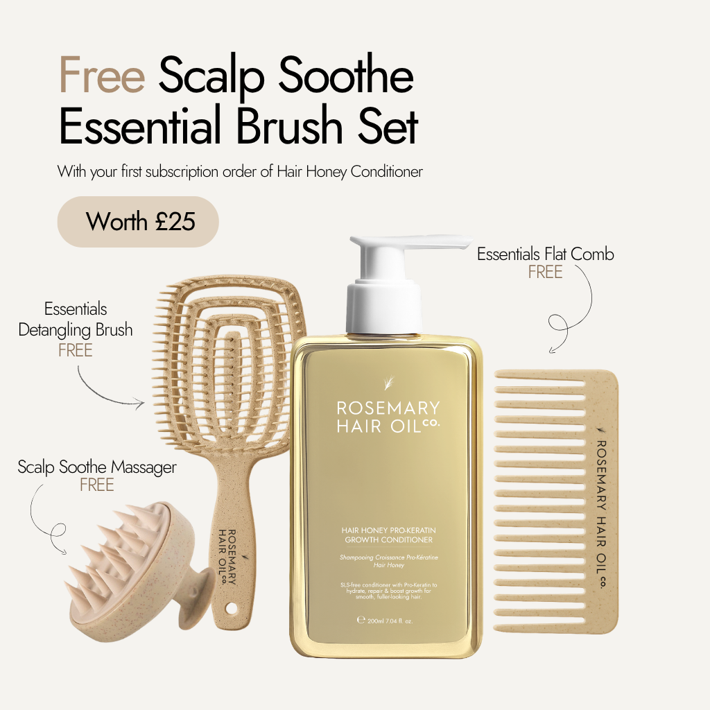 Gold bottle of Rosemary Hair Oil Co. hair product, Pro-keratin growth conditioner with honey to smooth, strengthen and soften hair, free brush set, subscription, offer, free, flat comb, detangling brush, massager