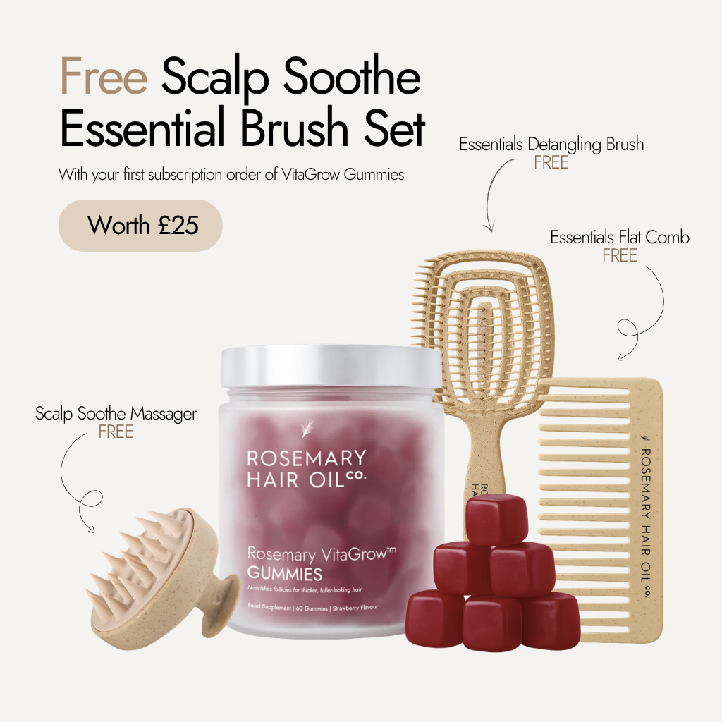 Rosemary hair oil company, vitagrow gummies, strawberry flavour, UK, hair growth, vegan, biotin, pumpkin seed extract, black seed extract, halal, AnaGain, pea sprout extract, thick hair, volume, vitamins, sugar free, free brush set, comb, detangling brush, massager, scalp, subscription, offer