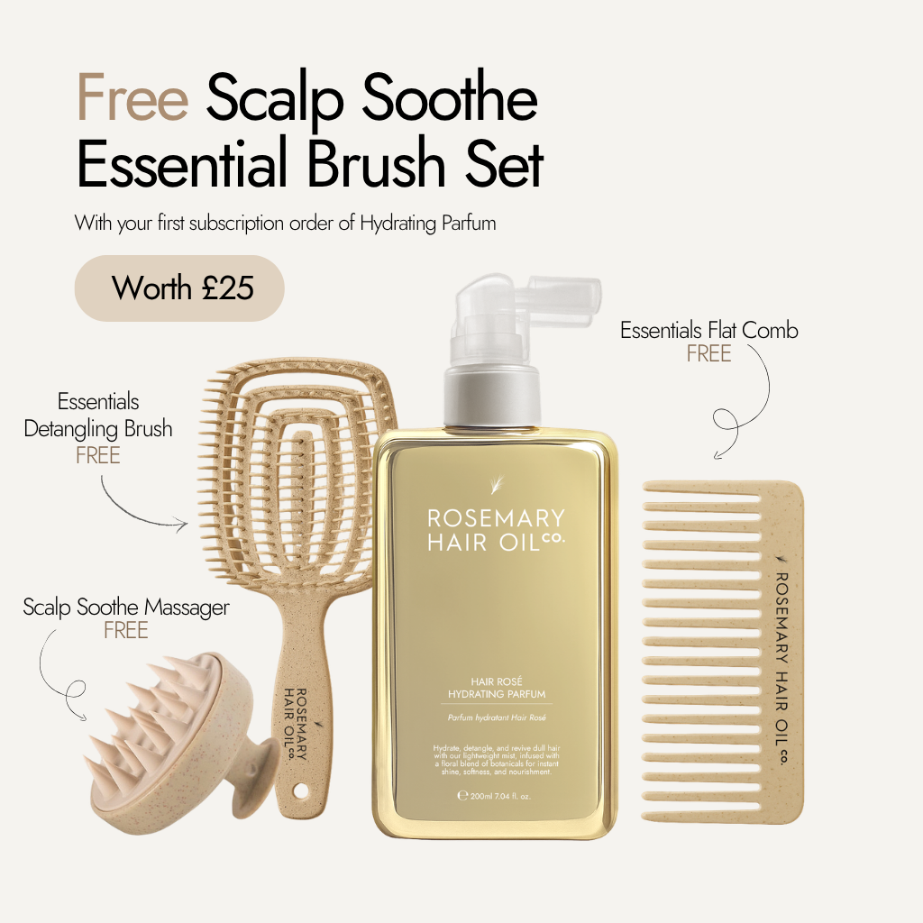 Hair Rosé Hydrating Parfum Mist. Rosemary hair oil, hair rose, hydrating parfum, fragrance, rosewater, jojoba oil, nourishing, natural, protect, healthy hair, growth, hair growth, 200ml, free brush set, subscription offer, free, flat comb, detangling brush, scalp soothe massenger