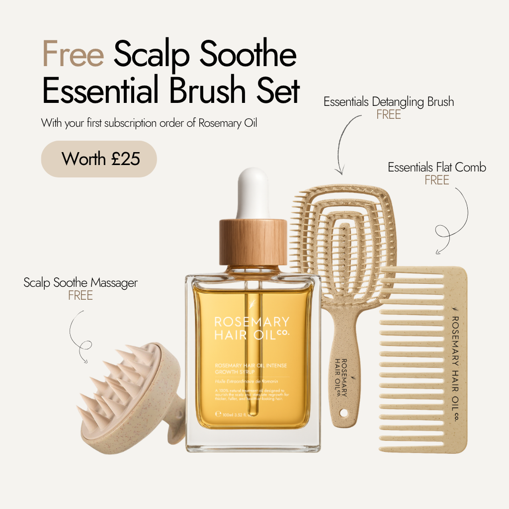 Rosemary hair oil, intense growth syrup, hair growth, rosemary oil, healthier, fuller-looking hair, castor oil, sunflower seed oil, stimulate, regrowth, hair thinning, natural, free brush set, subscription offer, flat comb, detangling brush, scalp massager