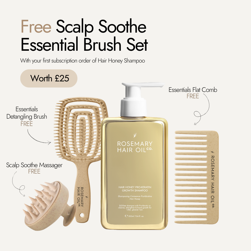 Rosemary hair oil, hair honey, pro-keratin growth, shampoo, hydrating, nourishing, honey, argan oil, sweet almond oil, vitamin E, frizz, dryness, breakage, natural, protect, healthy hair, growth, hair growth, SLS-free, 200ml, free brush set, subscription offer, free, flat comb, detangling brush, scalp massager