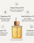 Rosemary hair oil bottle with dropper on a beige background, featuring Marie Claire Hair Awards 2026 winner badge. Rosemary hair oil, intense growth syrup, hair growth, rosemary oil, healthier, fuller-looking hair, castor oil, sunflower seed oil, stimulate, regrowth, hair thinning, natural, best hair growth oil, ingredients