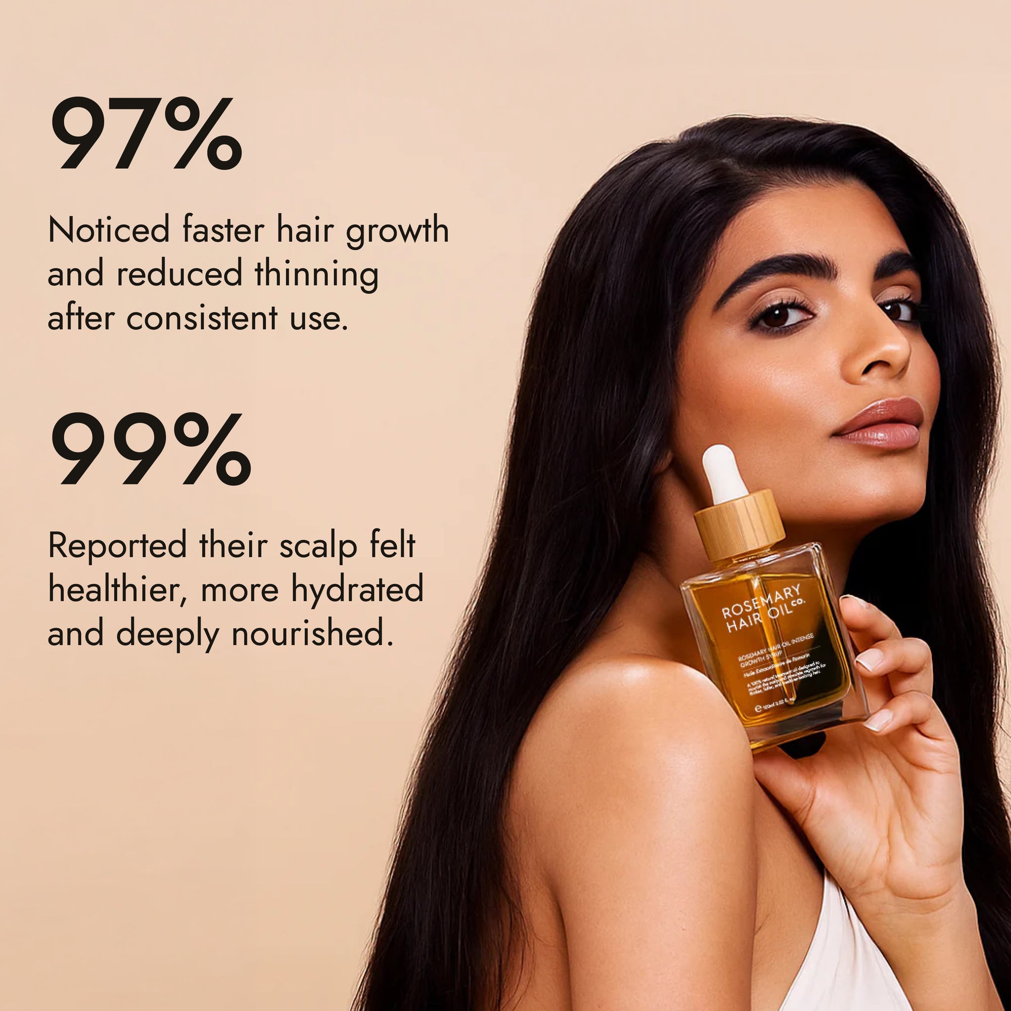Rosemary hair oil bottle with dropper on a beige background, featuring Marie Claire Hair Awards 2026 winner badge. Rosemary hair oil, intense growth syrup, hair growth, rosemary oil, healthier, fuller-looking hair, castor oil, sunflower seed oil, stimulate, regrowth, hair thinning, natural, best hair growth oil 