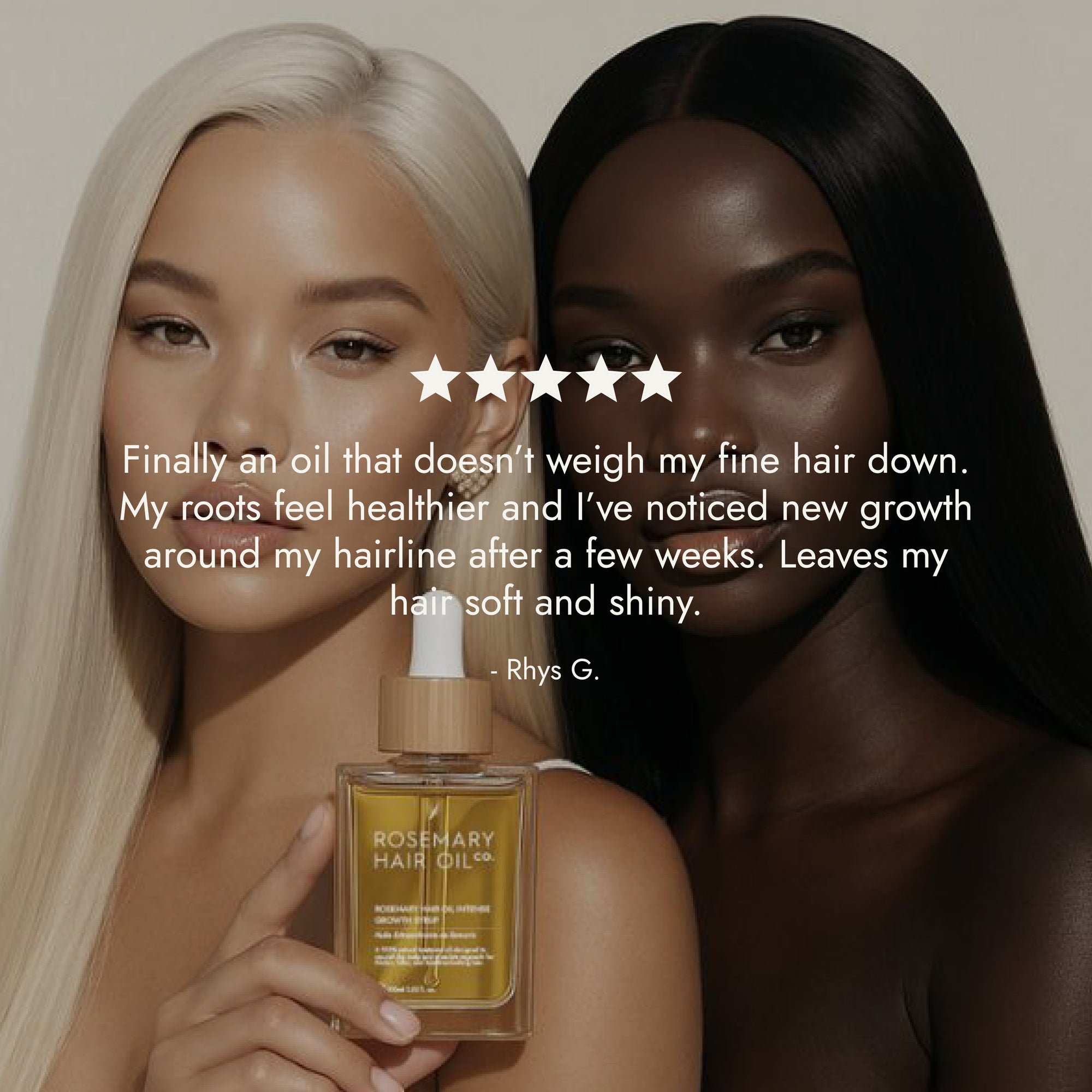 Rosemary hair oil bottle with dropper on a beige background, featuring Marie Claire Hair Awards 2026 winner badge. Rosemary hair oil, intense growth syrup, hair growth, rosemary oil, healthier, fuller-looking hair, castor oil, sunflower seed oil, stimulate, regrowth, hair thinning, natural, best hair growth oil, review, 5 star