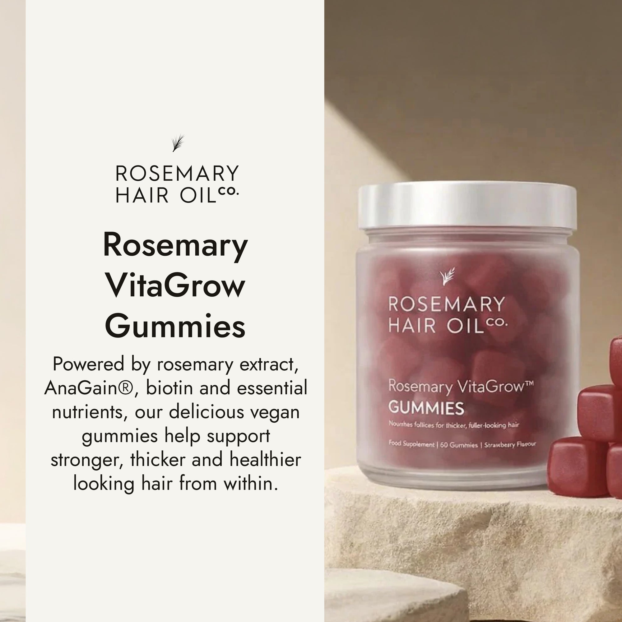 Rosemary hair oil company, vitagrow gummies, strawberry flavour, UK, hair growth, vegan, biotin, pumpkin seed extract, black seed extract, halal, AnaGain, pea sprout extract, thick hair, volume, vitamins, sugar free