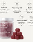Rosemary hair oil company, vitagrow gummies, strawberry flavour, UK, hair growth, vegan, biotin, pumpkin seed extract, black seed extract, halal, AnaGain, pea sprout extract, thick hair, volume, vitamins, sugar free, ingredients