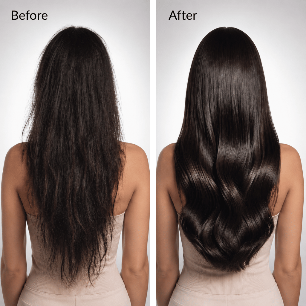 Before and after comparison of a woman's long dark hair, showing frizzy, dry hair on the left and smooth, shiny, styled hair on the right. Glossy, glass hair