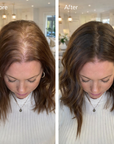 Before and after comparison of a woman's hair color change in a well-lit room. Before and after hair growth transformation using rosemary hair oil