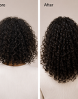 Before and after comparison of curly hair on a person wearing a white shirt. Before and after hair growth transformation using rosemary hair oil