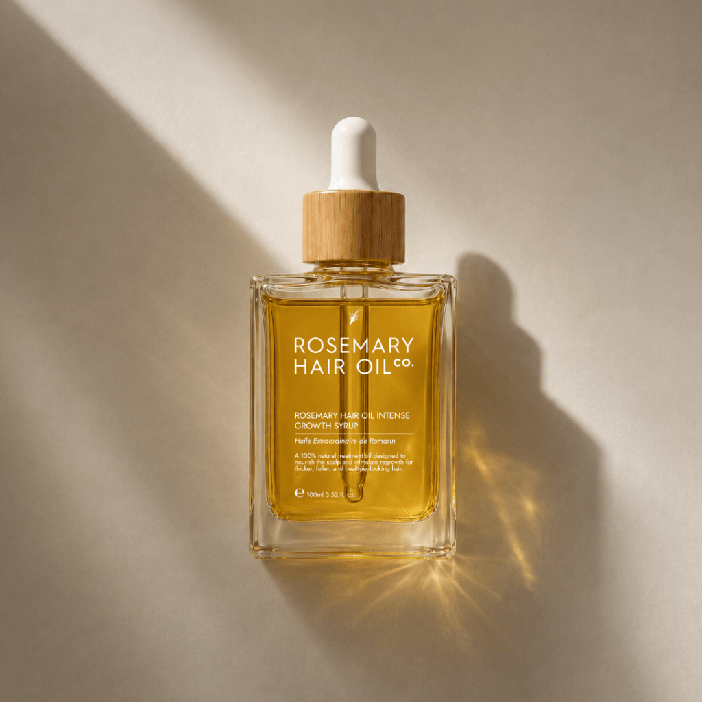 A clear glass dropper bottle of Rosemary Hair Oil Co. rosemary hair oil intense growth drop, filled with golden yellow oil, set against a warm beige background with dramatic diagonal sunlight and shadows.
