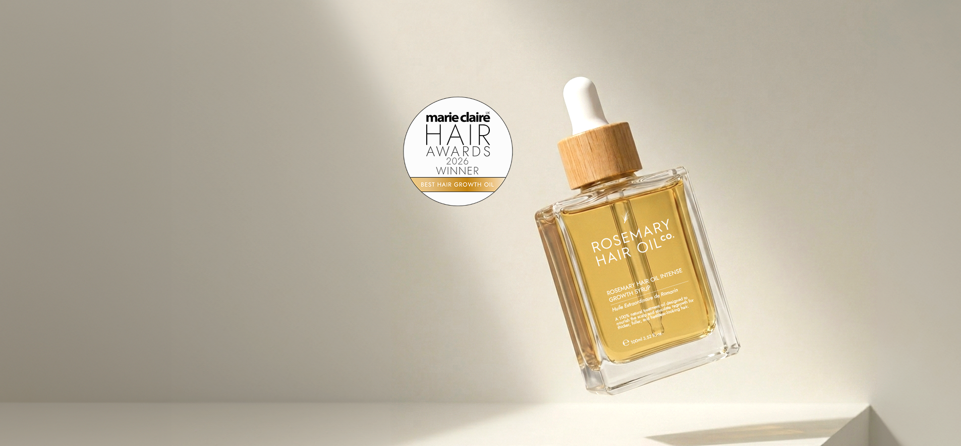 Award-winning Rosemary Hair Oil Intense Growth Syrup winner of the Marie Claire UK Hair Awards 2026 Best Hair Growth Oil