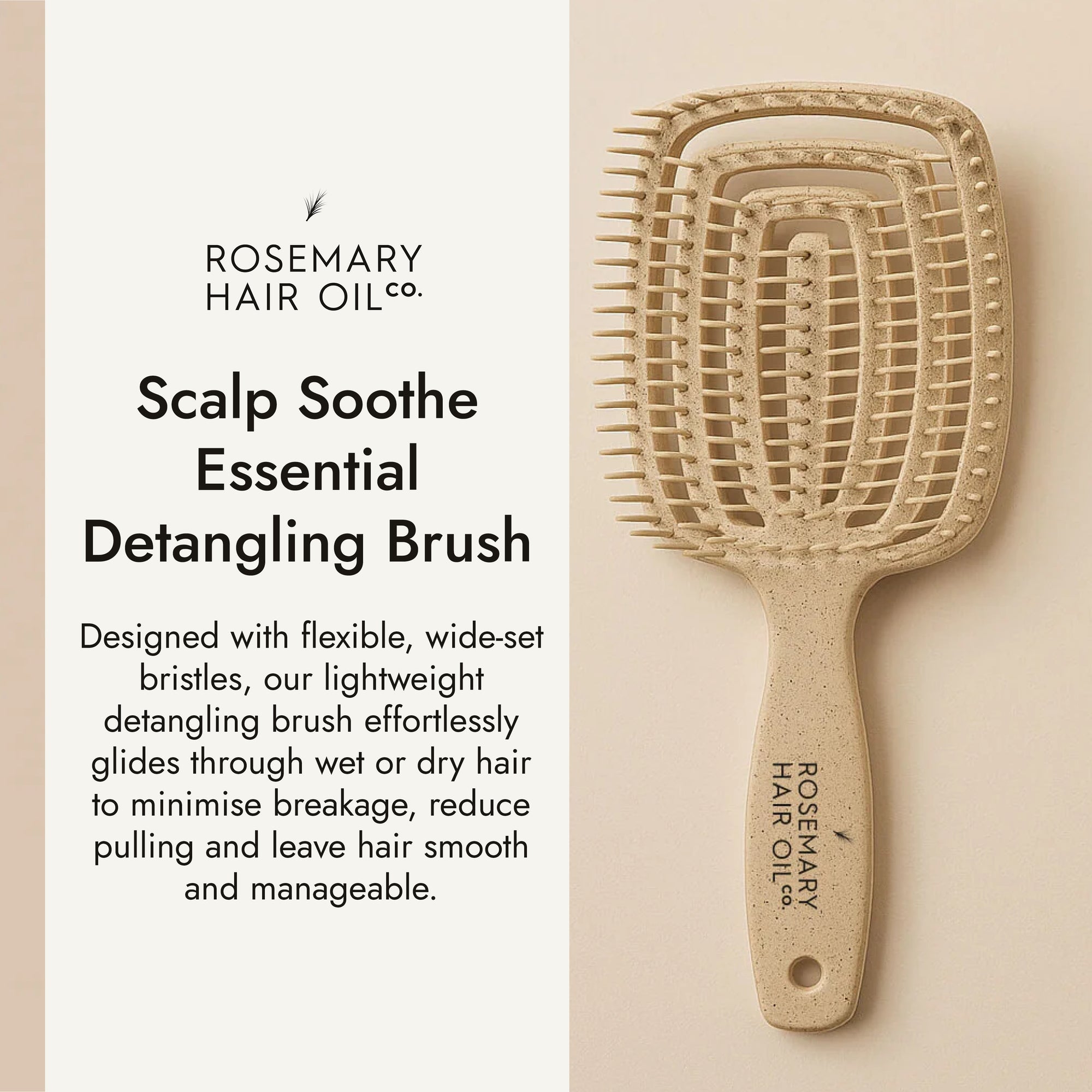 Beige hairbrush with 'Rosemary Hair Oil Co.' branding on a beige background, detangle brush, tangle teaser, flexi brush