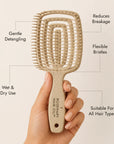 Beige hairbrush with 'Rosemary Hair Oil Co.' branding on a beige background, detangle brush, tangle teaser, flexi brush, benefits