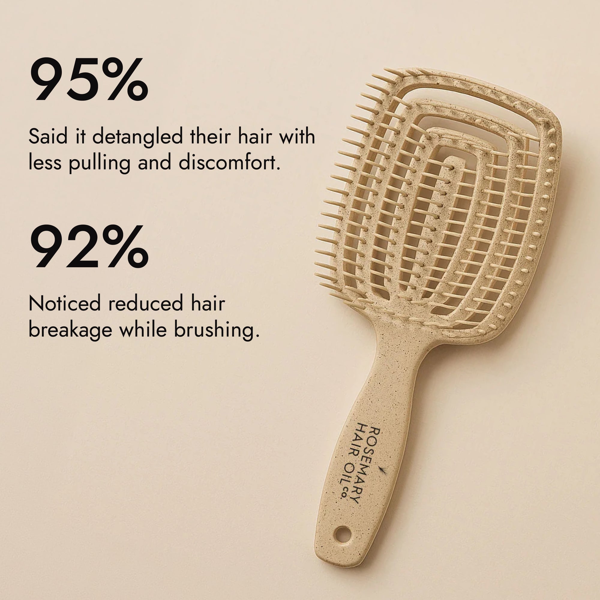 Beige hairbrush with 'Rosemary Hair Oil Co.' branding on a beige background, detangle brush, tangle teaser, flexi brush