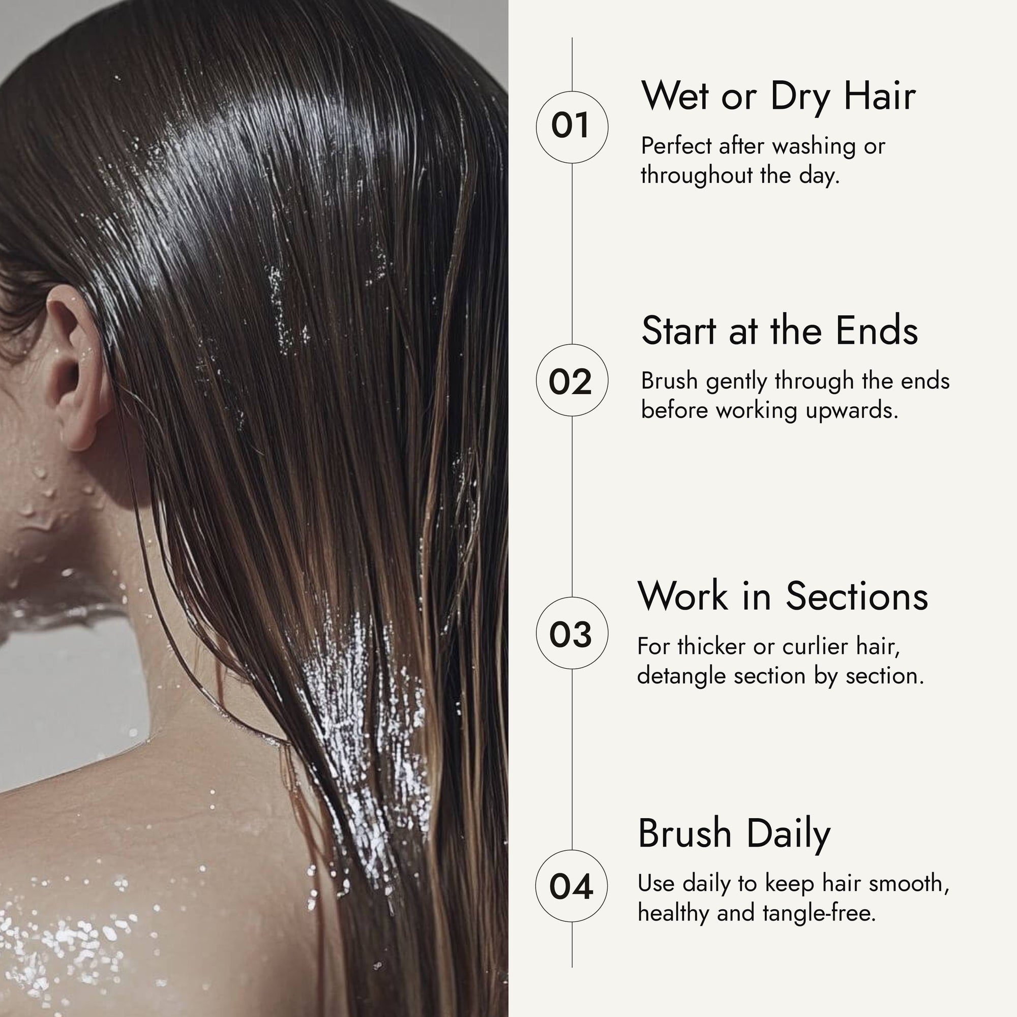 Beige hairbrush with 'Rosemary Hair Oil Co.' branding on a beige background, detangle brush, tangle teaser, flexi brush, how to use