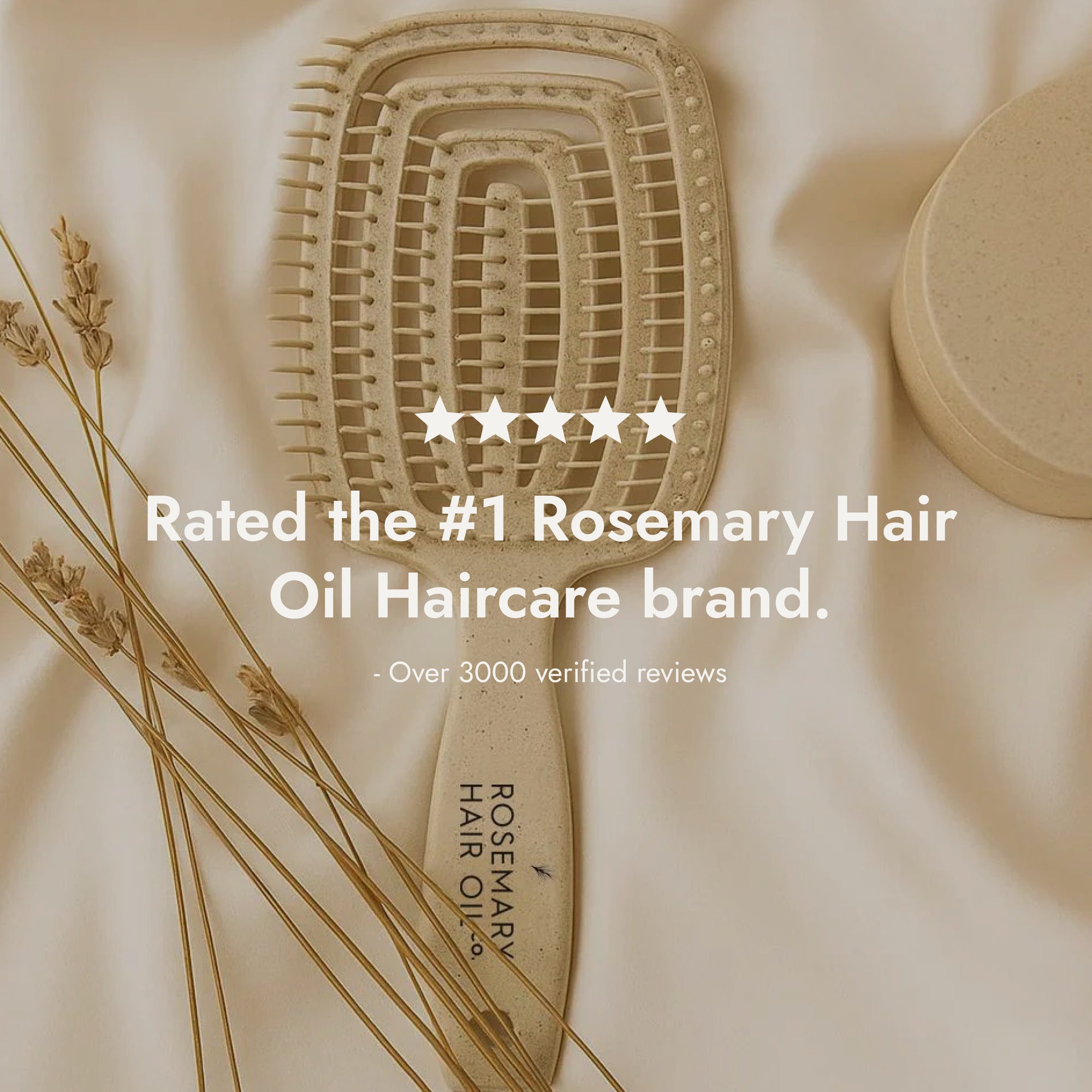 Beige hairbrush with 'Rosemary Hair Oil Co.' branding on a beige background, detangle brush, tangle teaser, flexi brush, review, 5 star