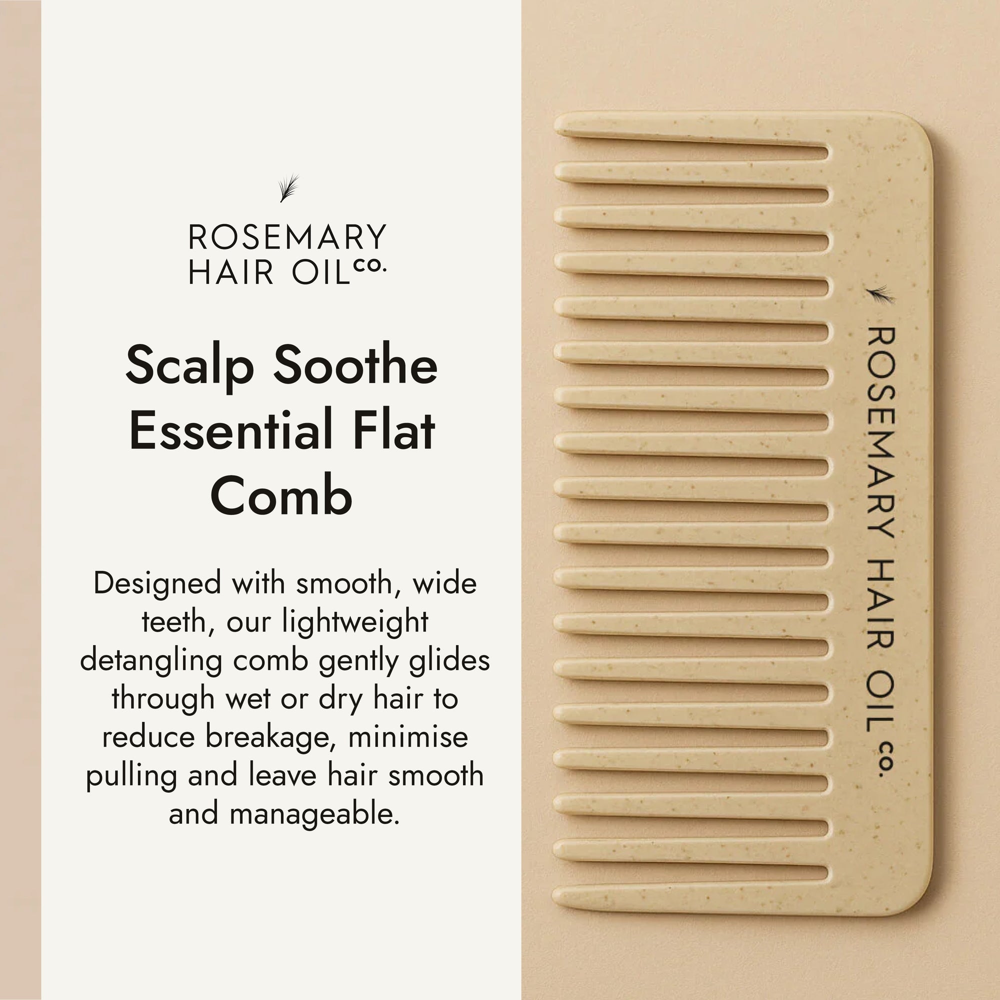 Beige comb with 'Rosemary Hair Oil Co.' branding on a beige background, wide tooth flat comb